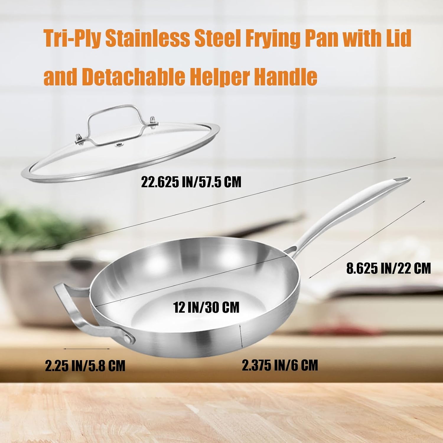 Inqibee 12 Inch Tri-Ply Stainless Steel Frying Pan with Lid and Helper Handle, Skillet, Induction Cooking Pan, Dishwasher and Oven Safe, Detachable Handle.
