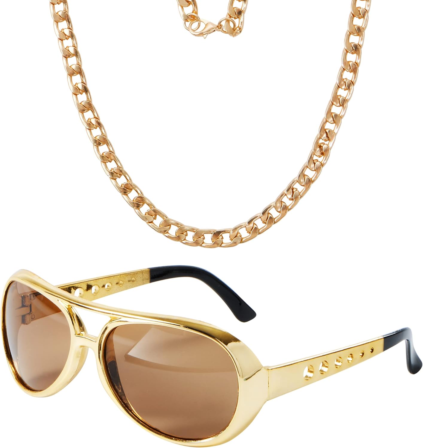 Rockstar Custom Set with Sunglass, Necklace Disco Sunglasses and Necklace, Classic Star Outfit Accessories for Women Men 50’s, 60’s 70’s Style Party, Halloween Party Favors