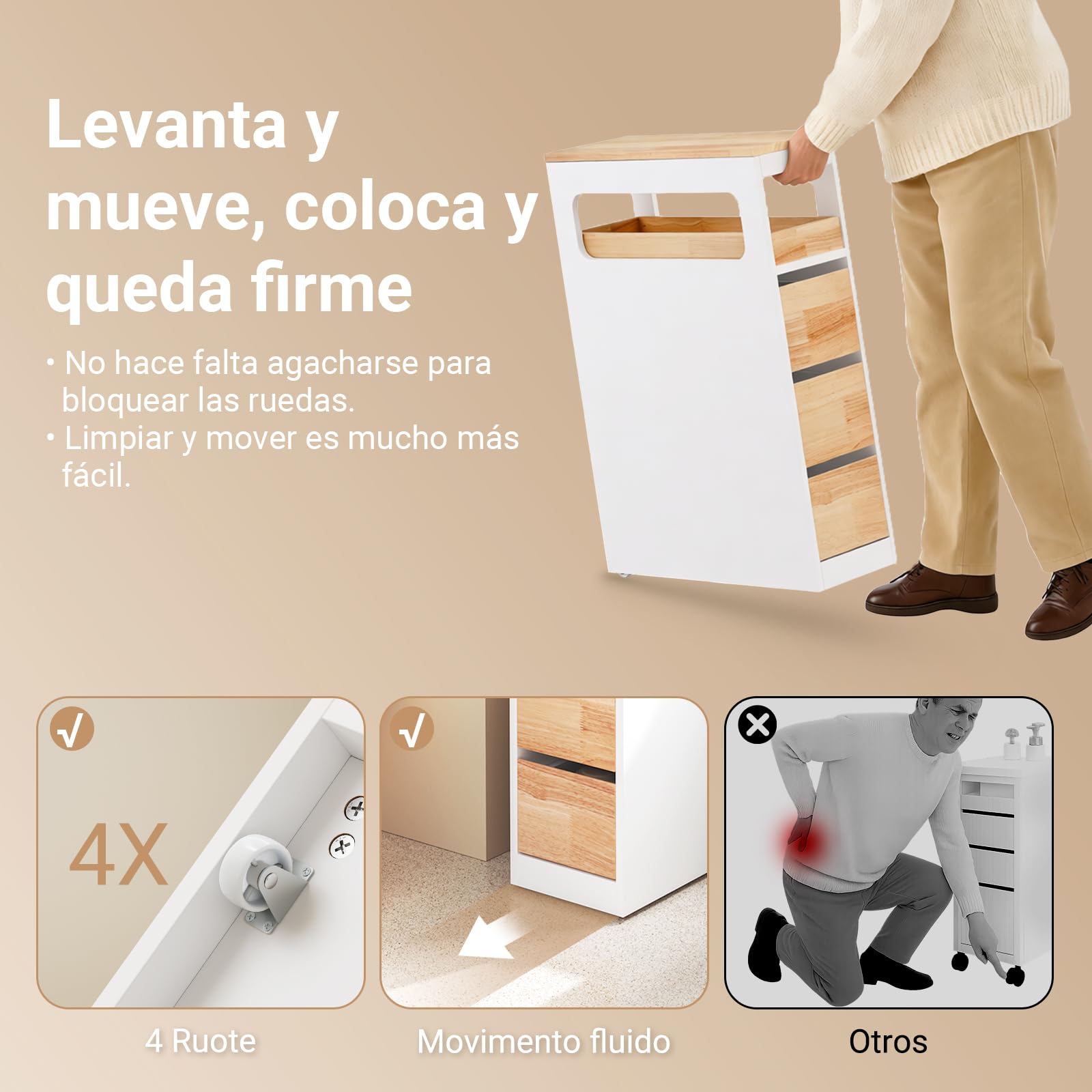 SoBuy Mueble Baño Estrecho con Ruedas y 3 Cajones 65x23x82cm | Cajonera Baño para Rincones y Huecos Pequeños para Familias y Hogares, Mueble Almacenaje, Blanco y Madera BZR54-III-WN