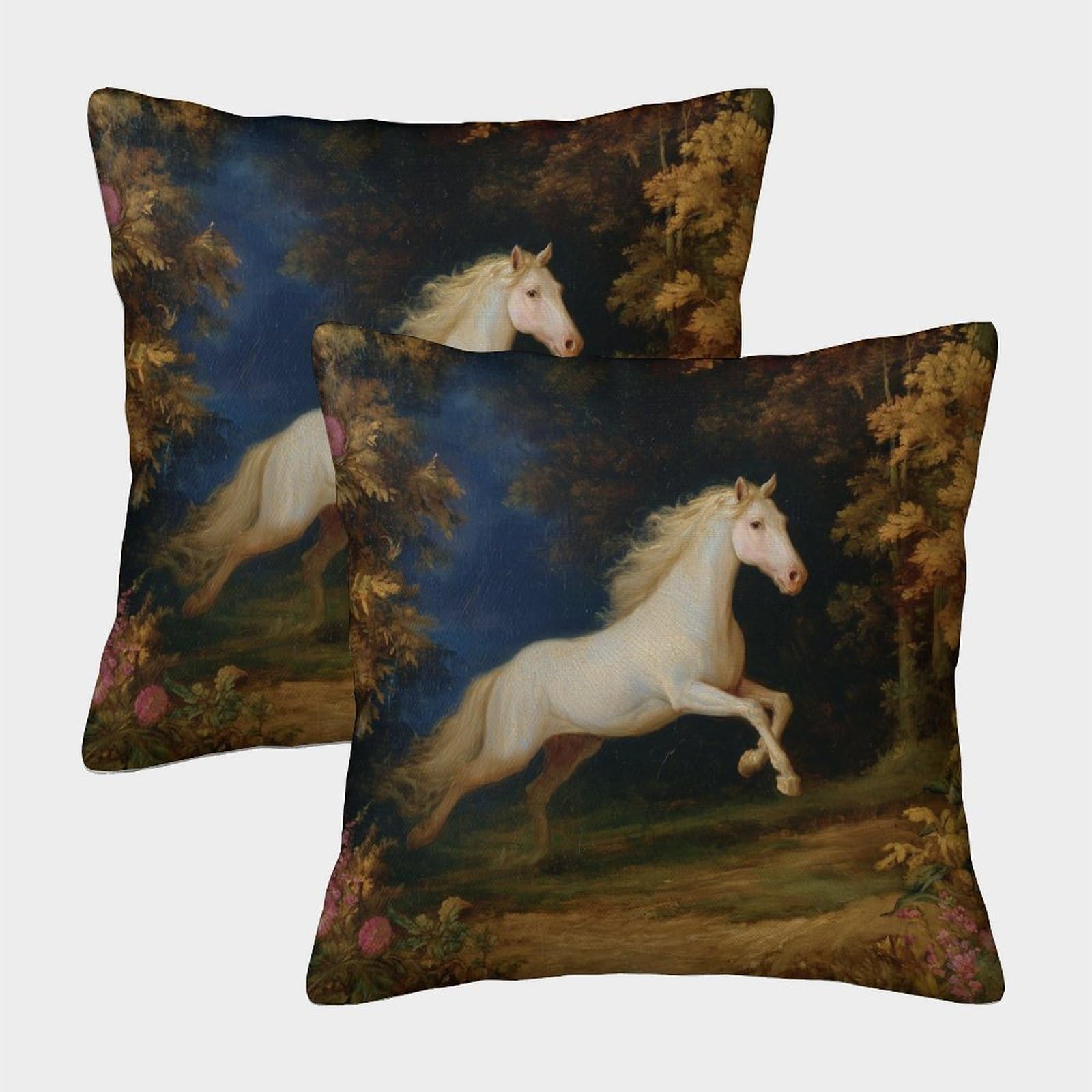 kaiyun 2 Pack White Horse Gallops through The Forest 3D Cushion Cover Pillow Cover Sofa Outdoor Decoration Square 50x50cm