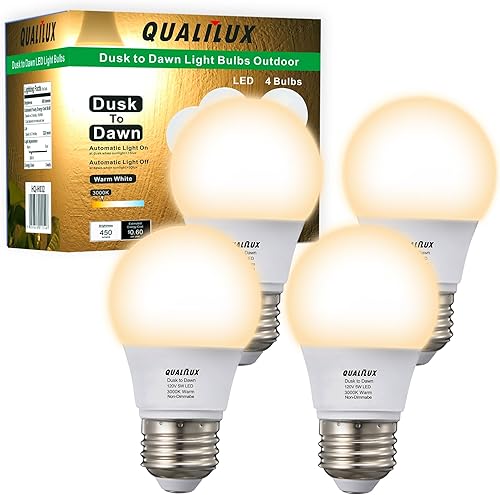 Bombillas pequeñas A15 del anochecer al amanecer para exteriores, 450 lúmenes, blanco cálido, 5 W = 40 W, encendido y apagado automático, bombilla