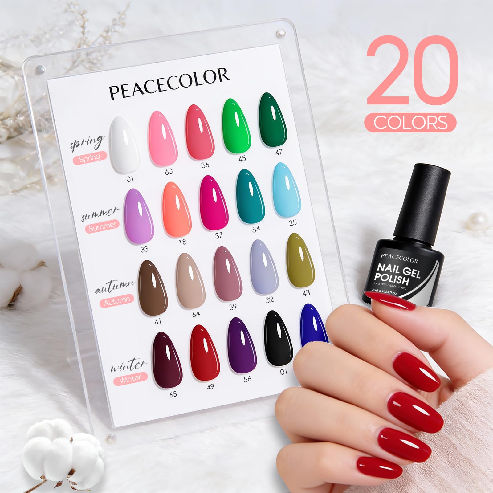 Zestaw lakierów do paznokci PEACECOLOR UV, 20 kolorów czerwony czarny biały różowy lakier żelowy, baza i warstwa wierzchnia, Soak-Off UV/LED do samodzielnego stosowania w domu, 7 ml