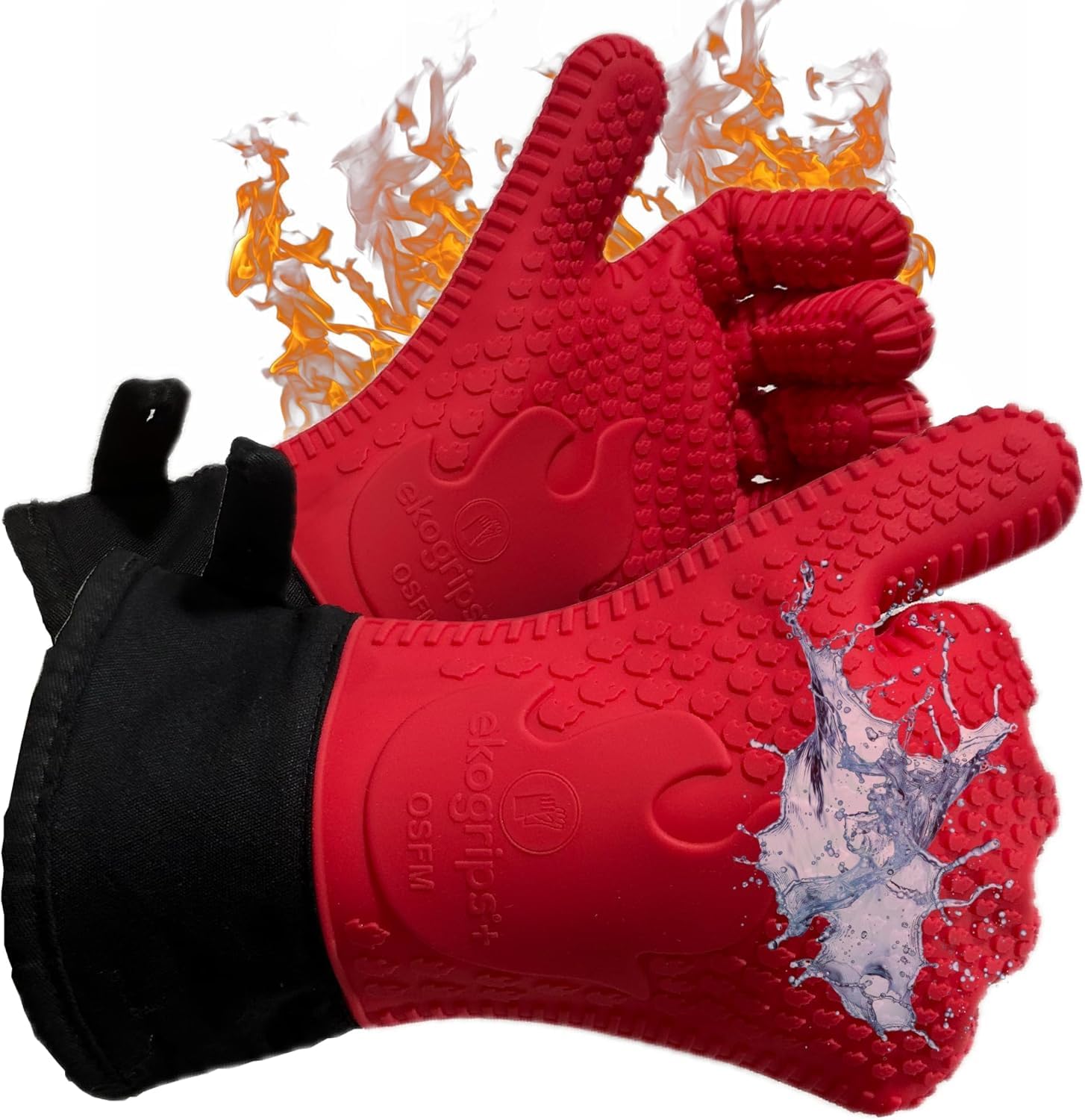 Ekogrips Plus Oven Gloves with Fingers, Comfy Waterproof Silicone Oven Mitts Heat Resistant with Long Cuff, Insulated BBQ Gloves Perfect for Grilling,