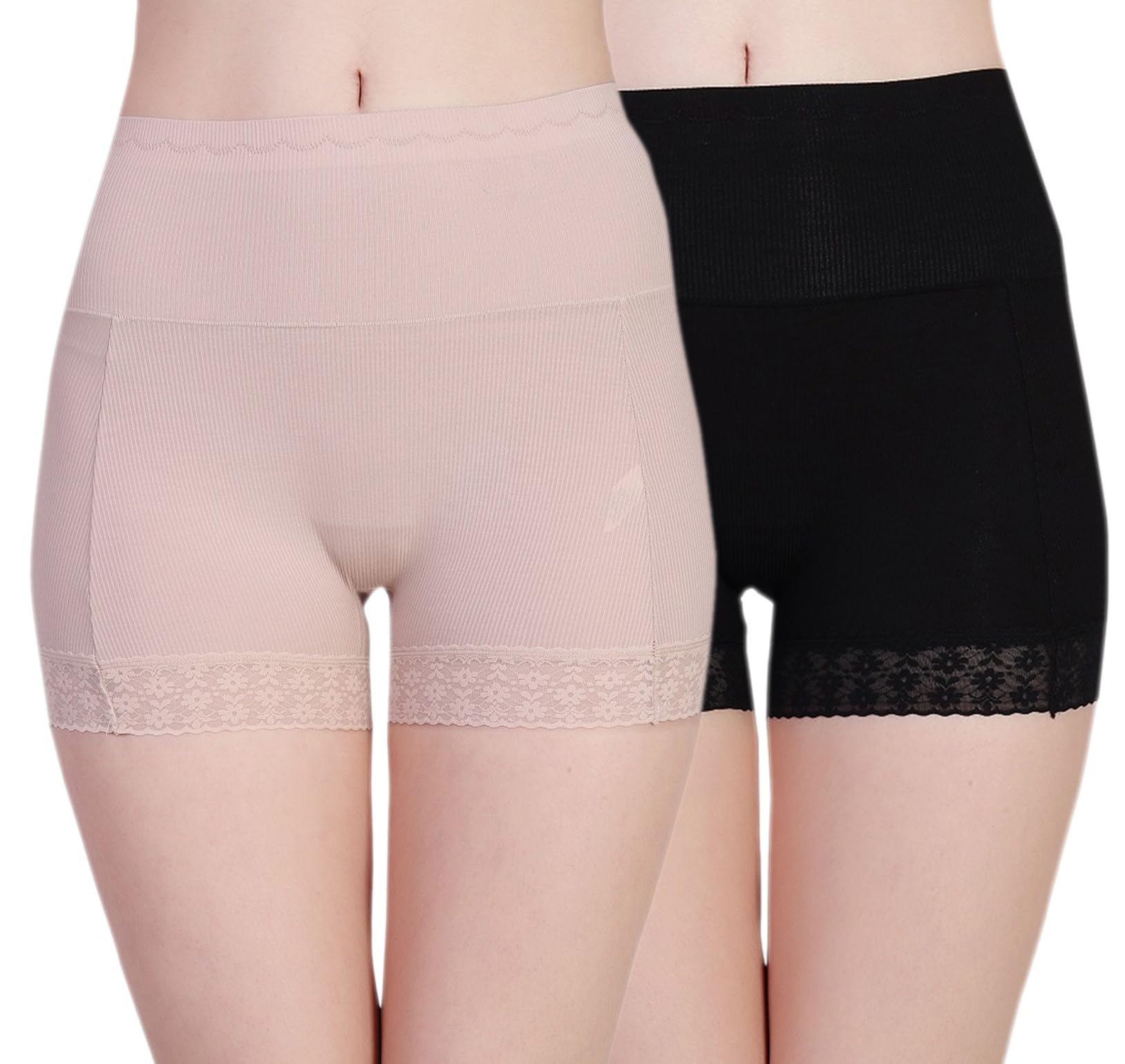 Women's High Waist Cotton Lycra Safety Shorts/Under Skirt Shorts/Boyshort Panty with Lace, Black/Beige Size M-XXL