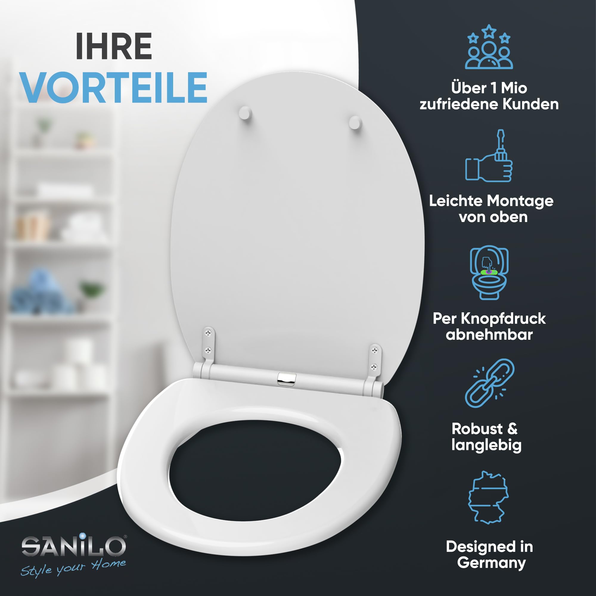 Sanilo WC Sitz mit Absenkautomatik & Schnellverschluss, Toilettendeckel per Knopfdruck abnehmbar, einfache Montage von oben (Weiß)