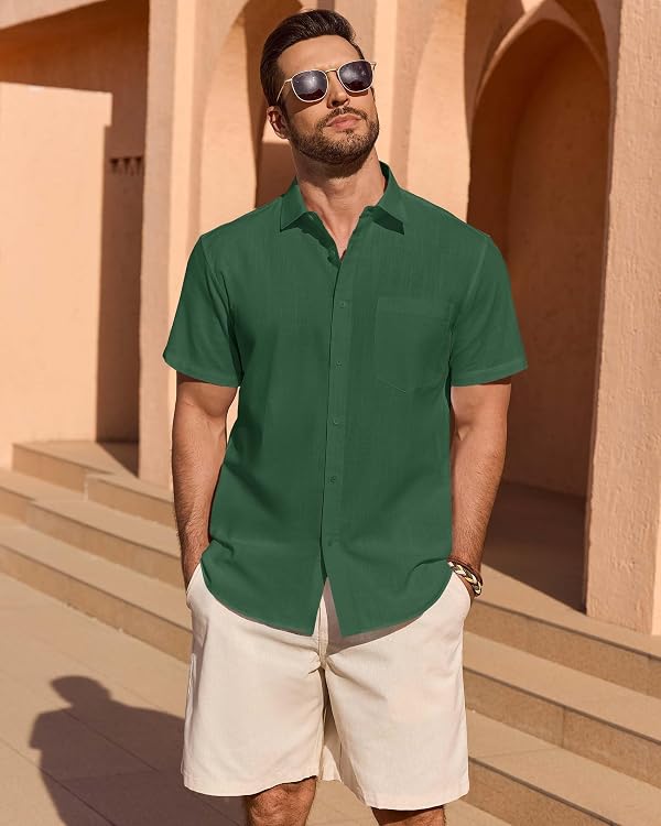 Lusead Mens Linen Shirts Short Sleeve Button Down Casual Shirt Untucked Beach Summer Top with Pocket Army Green Medium by Lusead - Used condition - Image 3