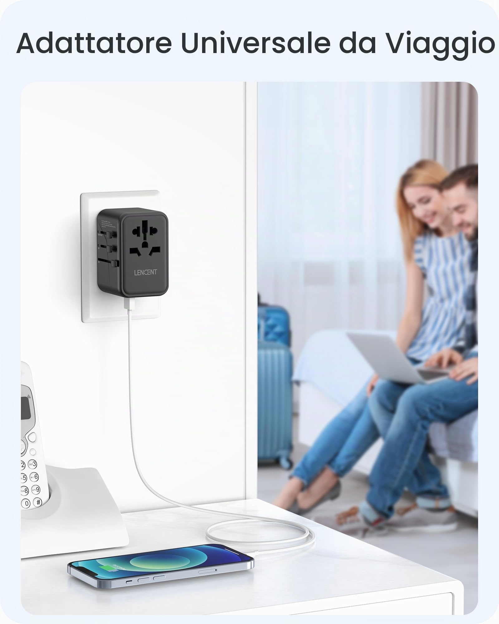 LENCENT Adattatore da Viaggio Universale, GaN3 65W Caricatore Presa | con 2 QC4.0 USB-A+ 2 PD3.0 USB-C PPS a Ricarica Rapida, Adattatore Presa AC in Tutto il Mondo, Spina di USA/UK/EU/AUS