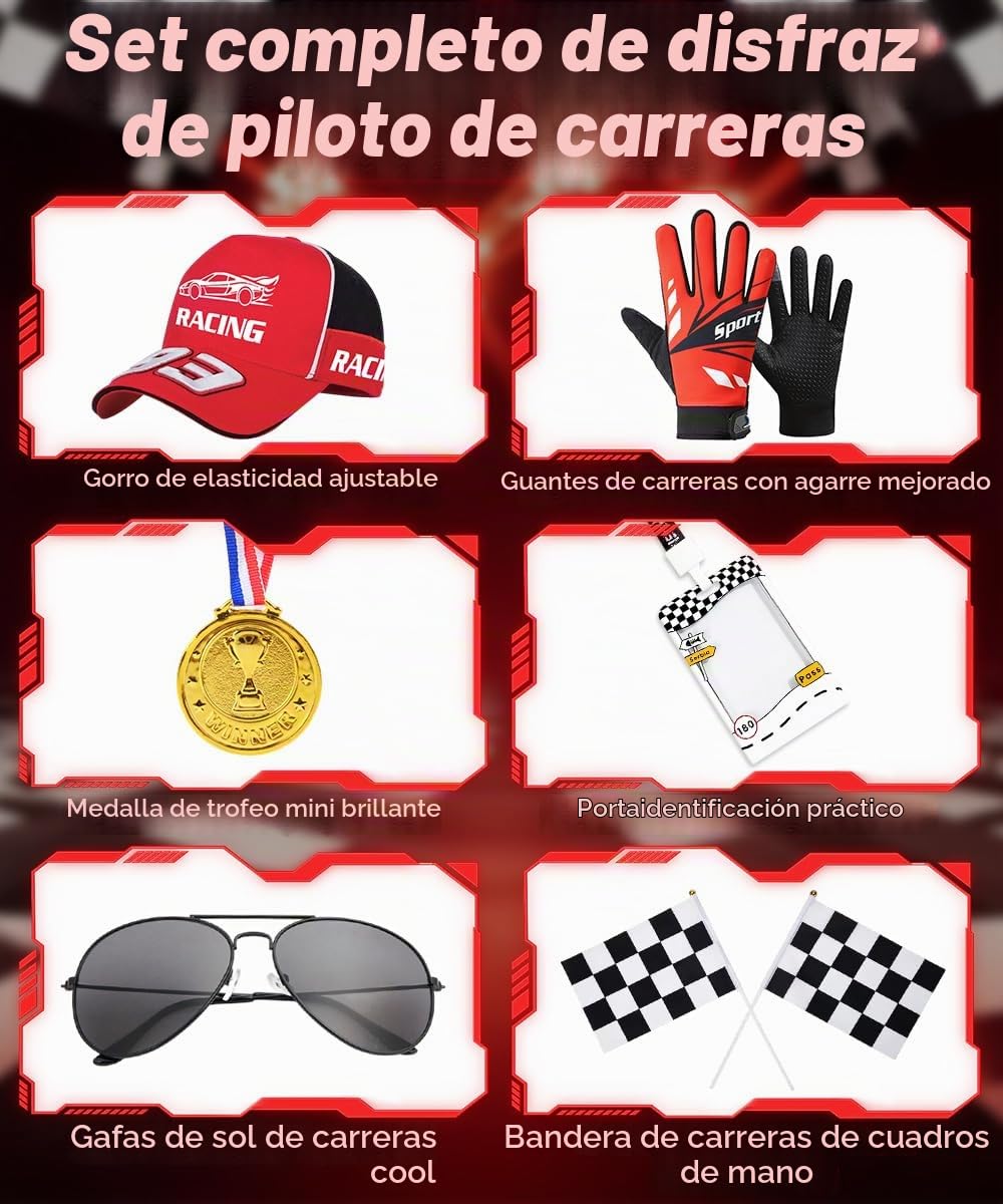 Disfraz de Piloto de Carreras para Hombre, Mono de Carreras para Adultos | Guantes Gafas Sombrero, Bandera a Cuadros Disfraz de Corredor de Línea para Halloween Carnaval Fiesta Cosplay