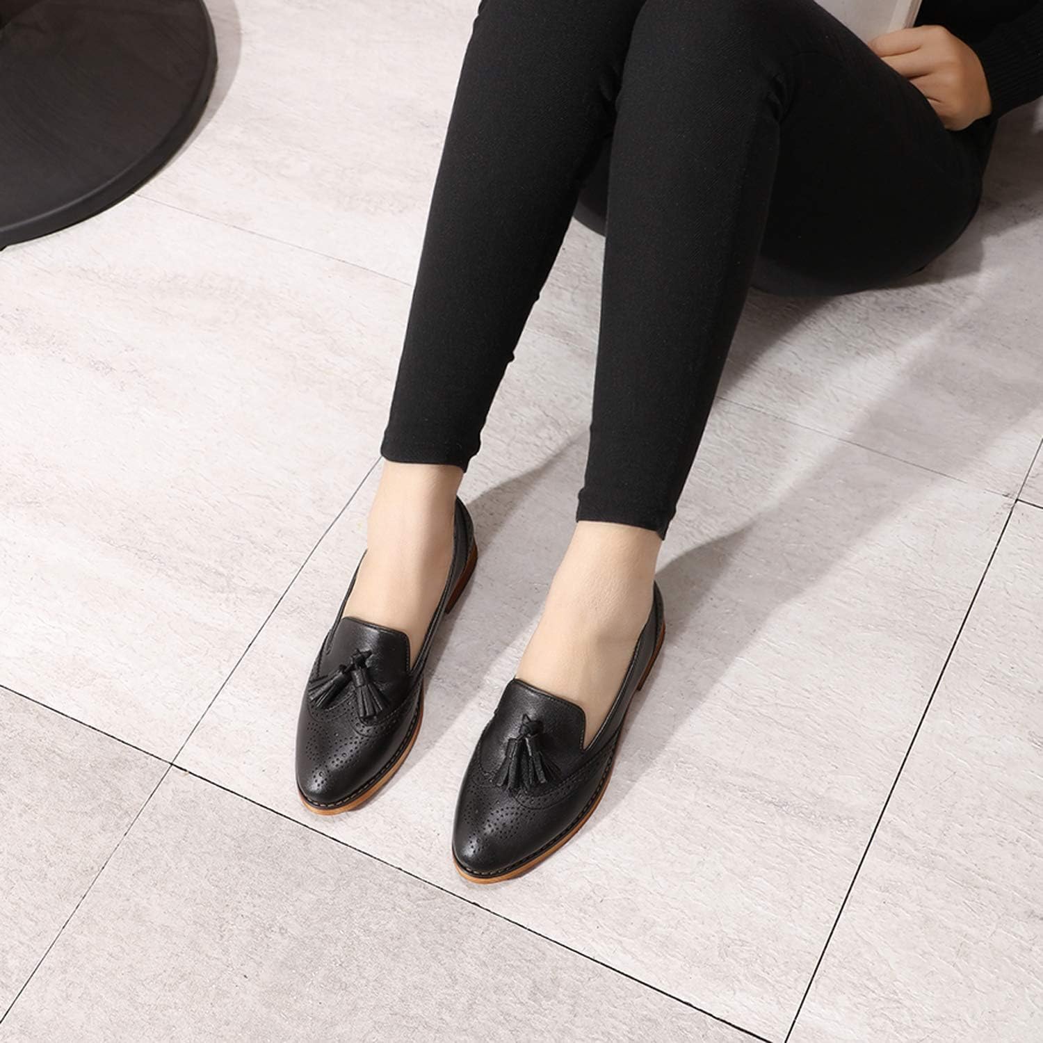 Mona flying Women's Leather Tassel Loafer Slip on Wingtip Brogue Dress Casual Flat Office Work Shoes for Ladies - Image 5