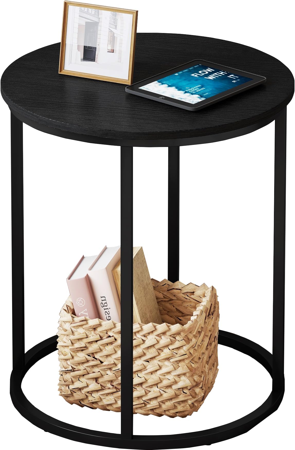 Amazon.com: TINSAWOOD Black Side Table, Two-Tier Round End Table ...