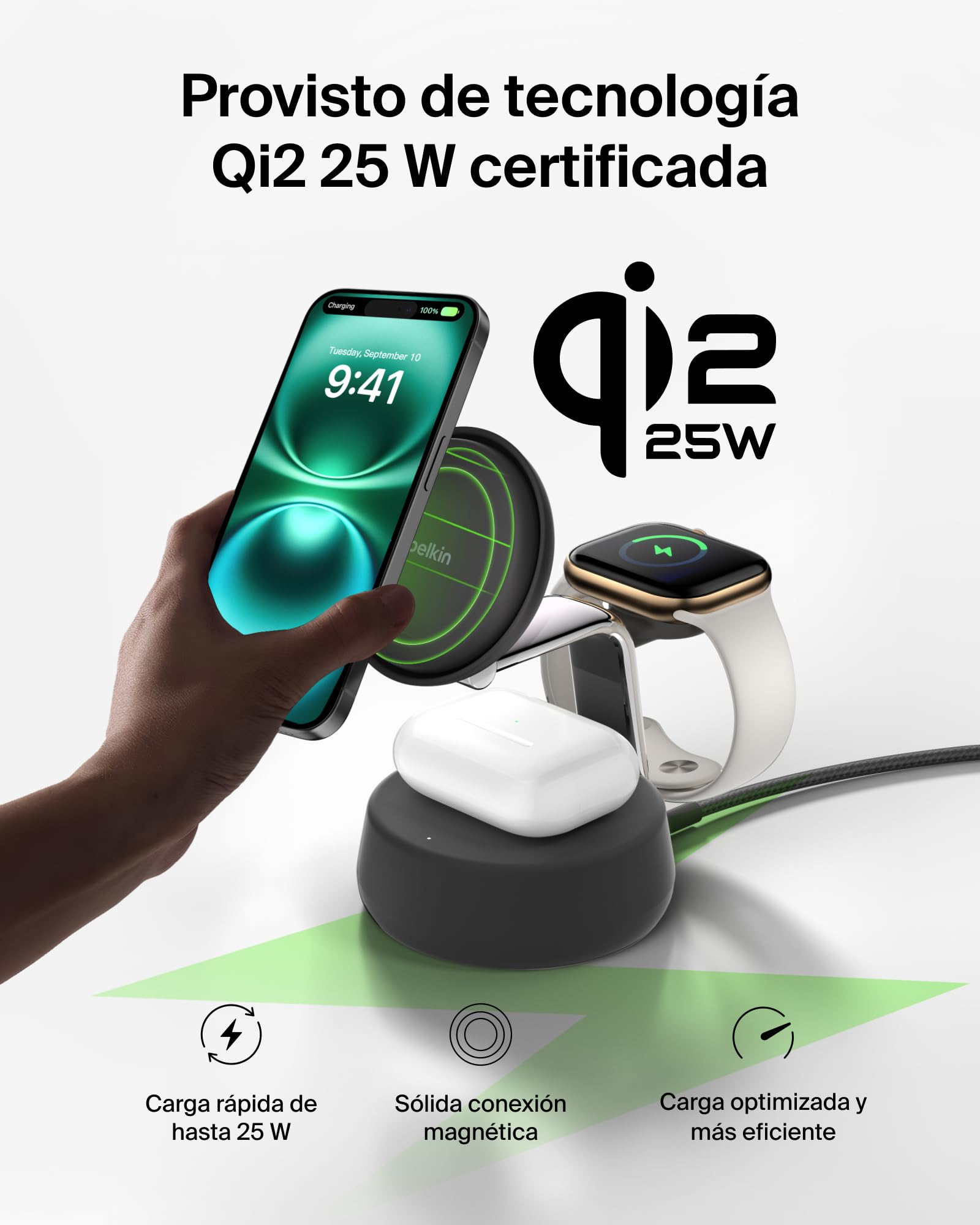 Belkin UltraCharge Pro Cargador Inalámbrico 3 en 1, 25W, Qi2 Compatible con MagSafe, Estación de Carga para iPhone 17, Air, Apple Watch, AirPods, Pixelsnap con Ventilador, Adaptador 45W - Negro
