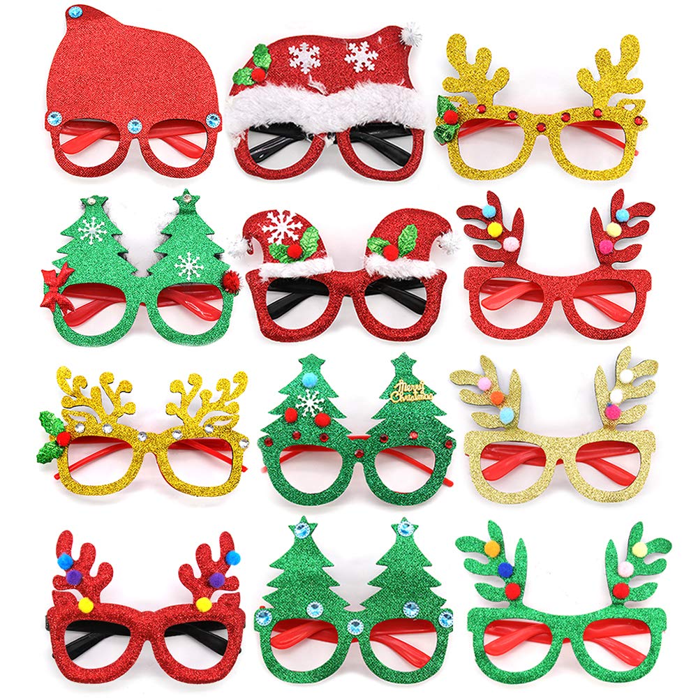 12PCS Christmas Glasses Novelty Xmas Glasses Glitter Party Glasses Decorations Fancy Dress Costume Glasses Selfie Photo Prop Xmas Eyeglasses Christmas Party Decor Novelty Glasses for Kids Women Men