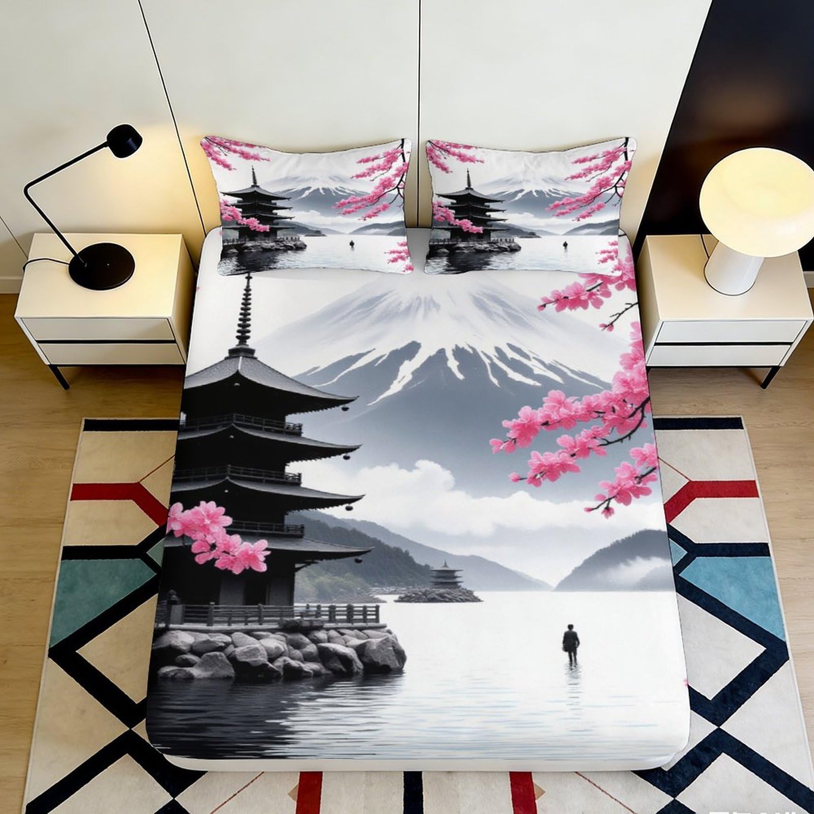 3D Printed Mount Fuji Sakura Fitted Sheet Microfiber Soft Japanese Pagoda Bed Cover for Bedroom Guest Room Decor 90x200x25cm