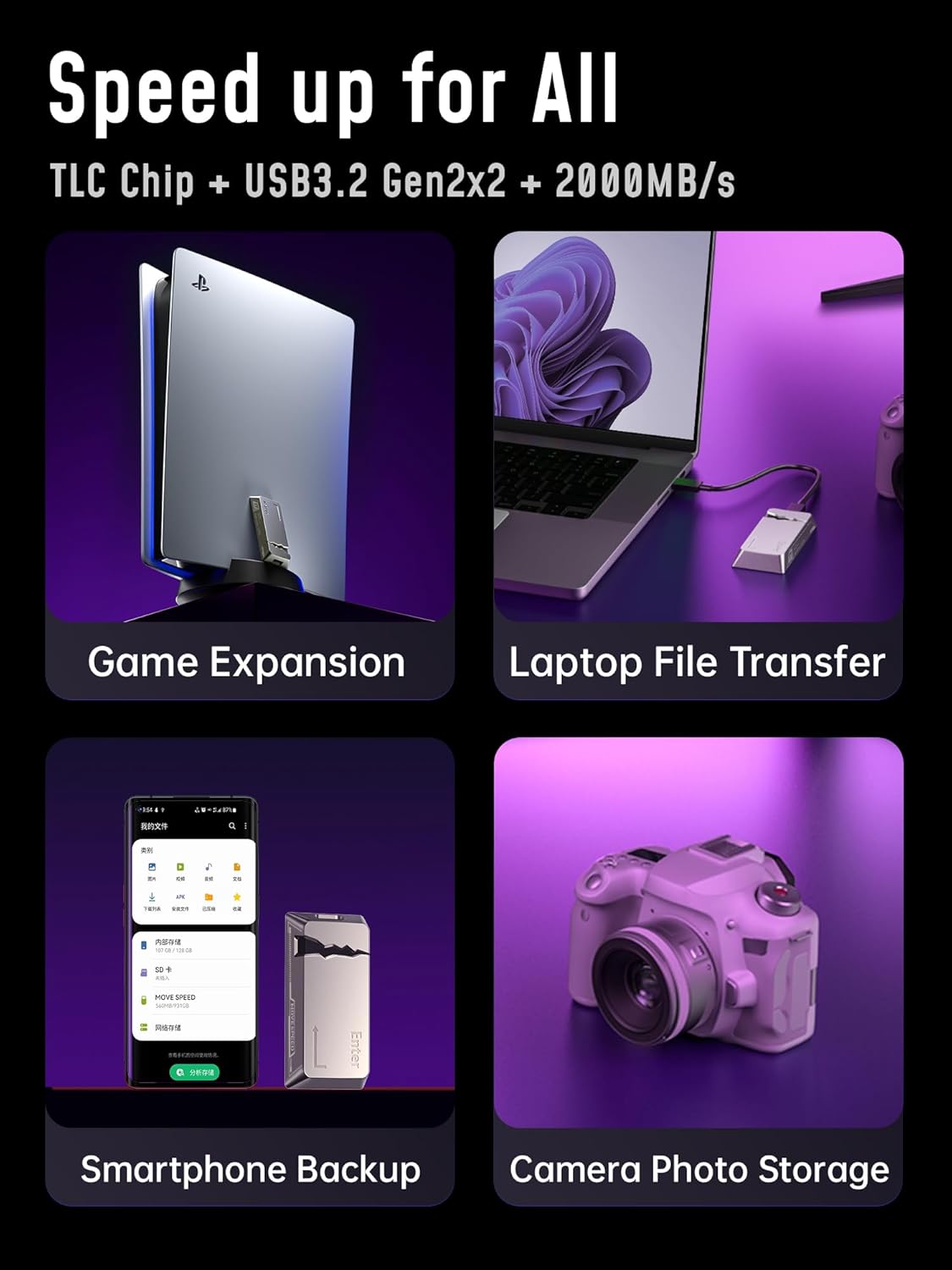 MOVE SPEED CK20 Portable SSD 1TB with Magnetic Feature Up to 2000MB/s, USB 3.2 Gen 2x2, Supports 4K ProRes HDR, Magnetic SSD External Hard Drive for iPhone 15 series, MacBook, PC, Tablets, PS5, Laptop