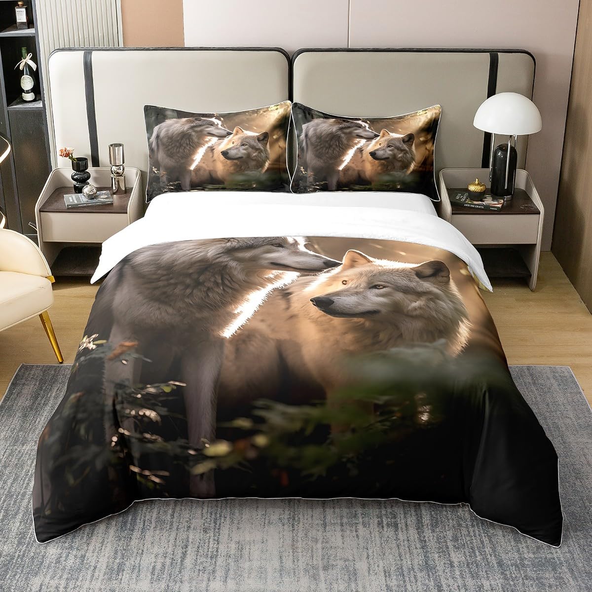 Housse de couette loup pour lit 2 personnes parure de lit rustique thème animaux de la chasse