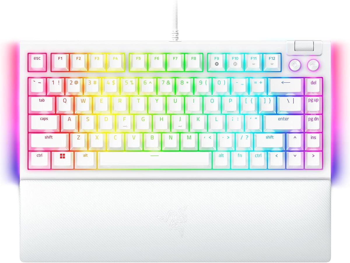 Razer BlackWidow V4 75% Mechanical Gaming Keyboard: Hot-swappable Design - Compact & Durable - Orange Tactile Switches - Chroma RGB - MF Roller & Media Keys - Comfortable Wrist Rest - White (Renewed)