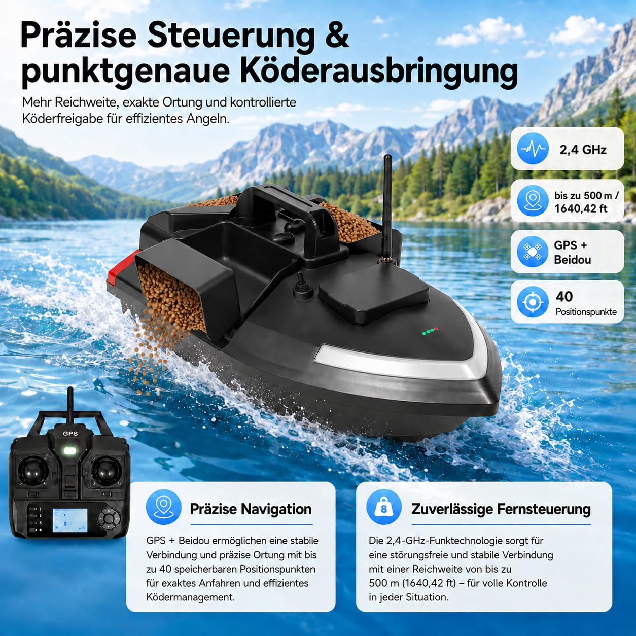500M RC Köderboot ABS Angelköder Boot Fernbedienung Futterboot mit GPS 3 Köderboxen Fischköder Boot Angeln Futterboot mit Suchscheinwerfer & 12000mAh Batterie (Schwarz)