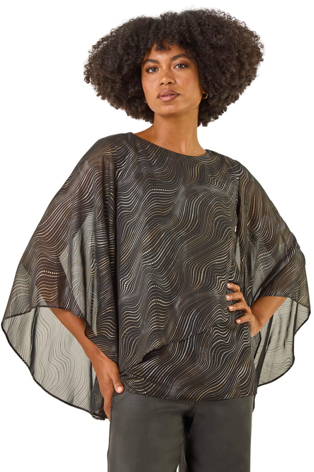 Roman Originals Women's Black Wavy Spot Foil Overlay Top For Uk - Everyday Autumn Winter Round Neckline Comfy Soft Evening Vacation Work Party Night Out - Size 12