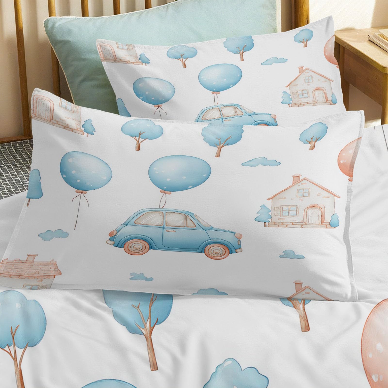 Balon Haus Komplet pościeli dla małych dzieci, 200 x 200 cm, dla matki i niemowląt, ręcznie rysowane, fantazyjna, dwustronna pościel 3-częściowa, miękka, przyjazna dla skóry, hipoalergiczna, biała, z