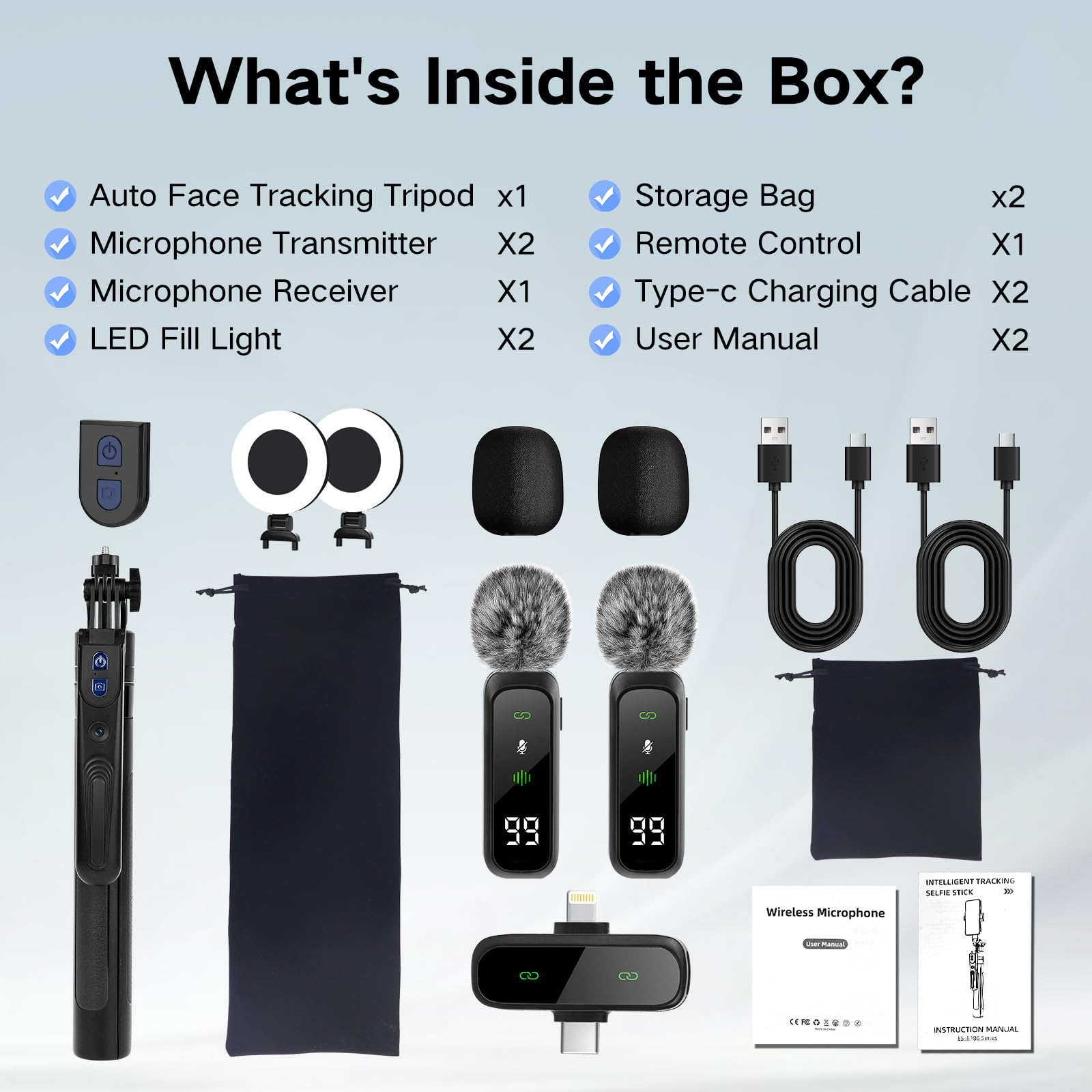 Set di vlogging per iPhone/Android, 180 cm, con tracciamento automatico del viso, rotazione a 360° per cellulare, supporto per contenuti, starter set con luce e microfono, bastone per selfie per