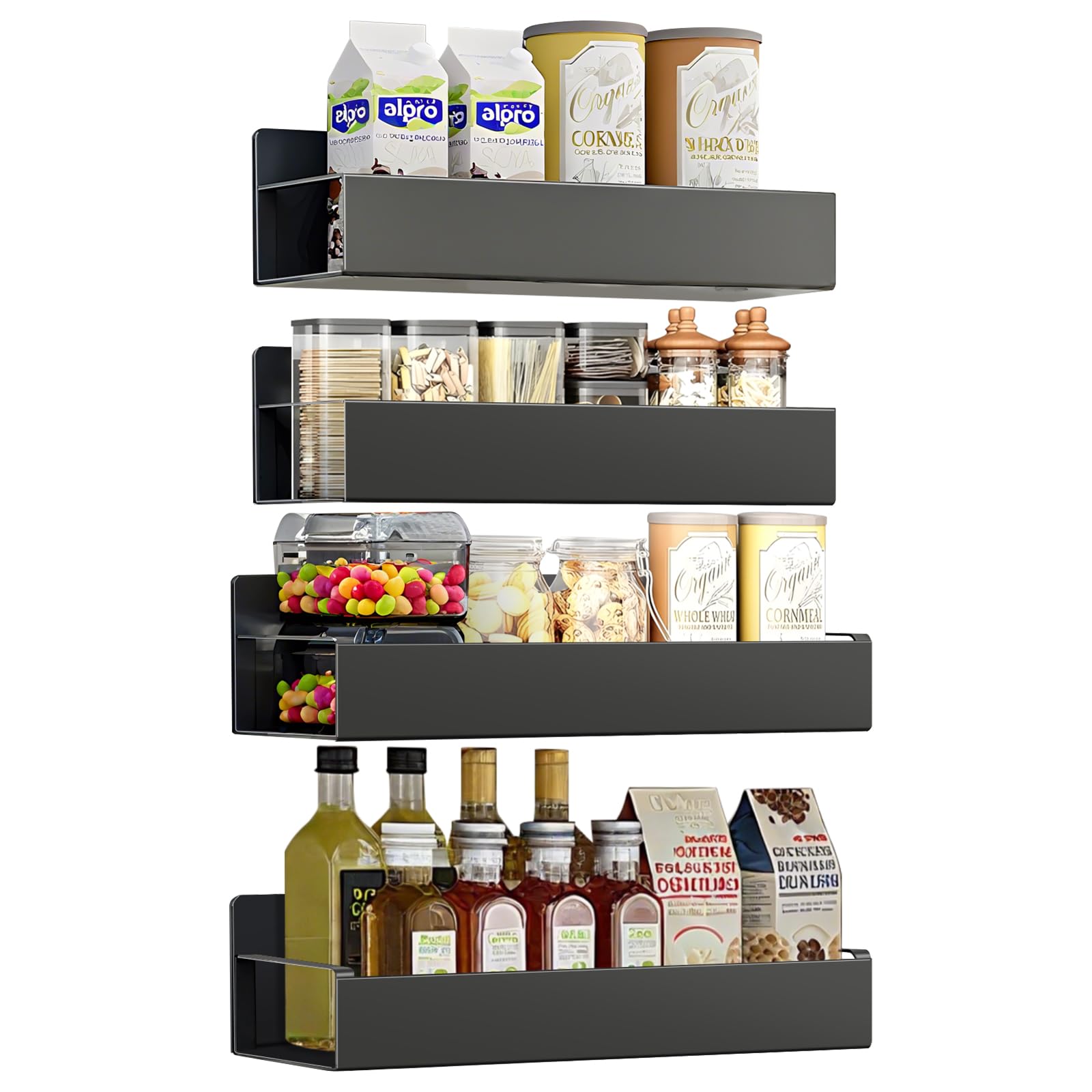 Magnetisches Gewürzregal für Kühlschrank, ohne Bohren, magnetisches Aufbewahrungsregal, magnetischer Gewürz-Organizer für Küchenorganisation und Aufbewahrung, schwarz, 4 Stück