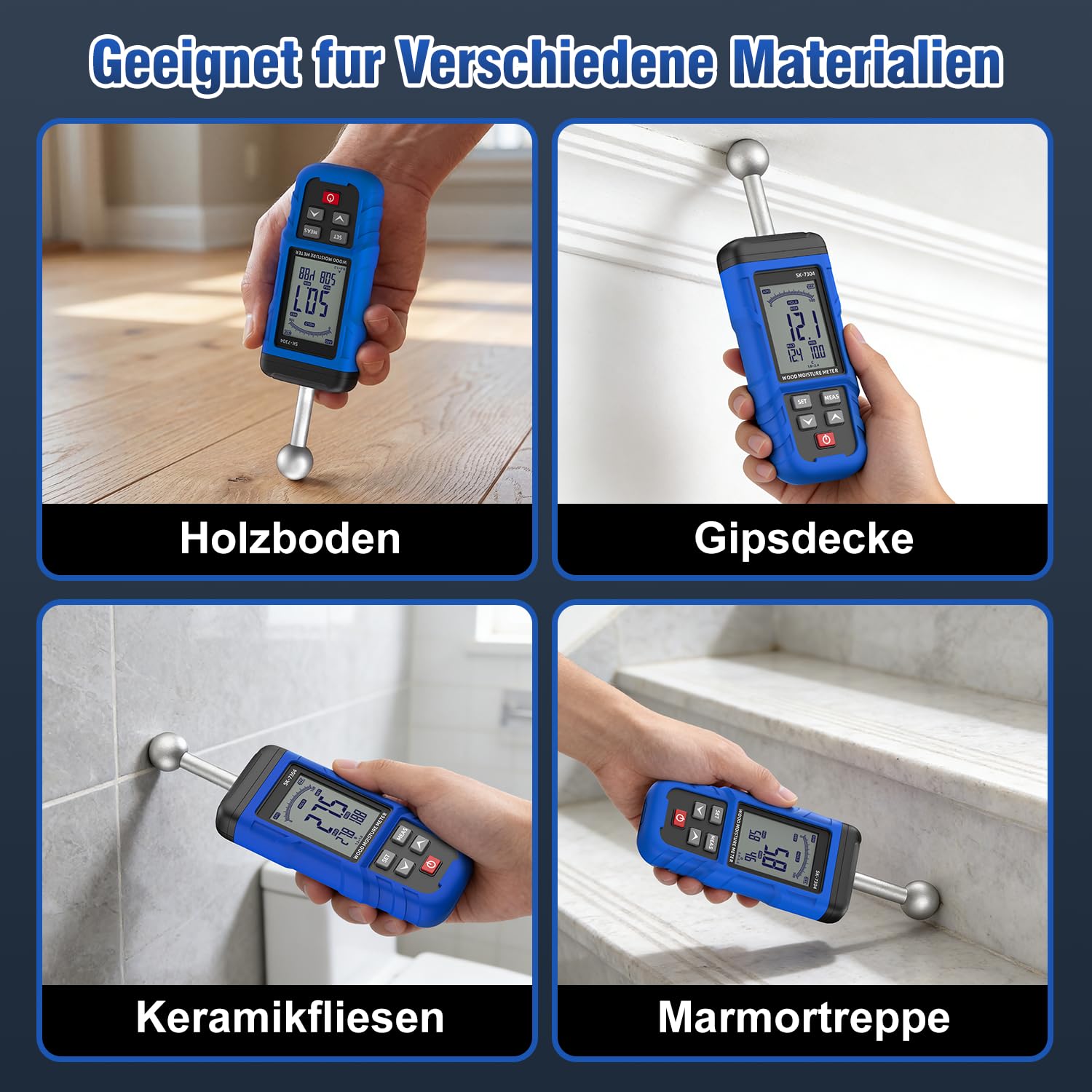 Feuchtigkeitsmessgerät, Feuchtemessgerät Wand Wiederaufladbares für Wand, Holz, Mauerwerk, Feuchtigkeitsmesser mit 20-100mm Messtiefe, 4 Materialdichtemodi, HD-Bildschirm für Zerstörungsfreie Messung