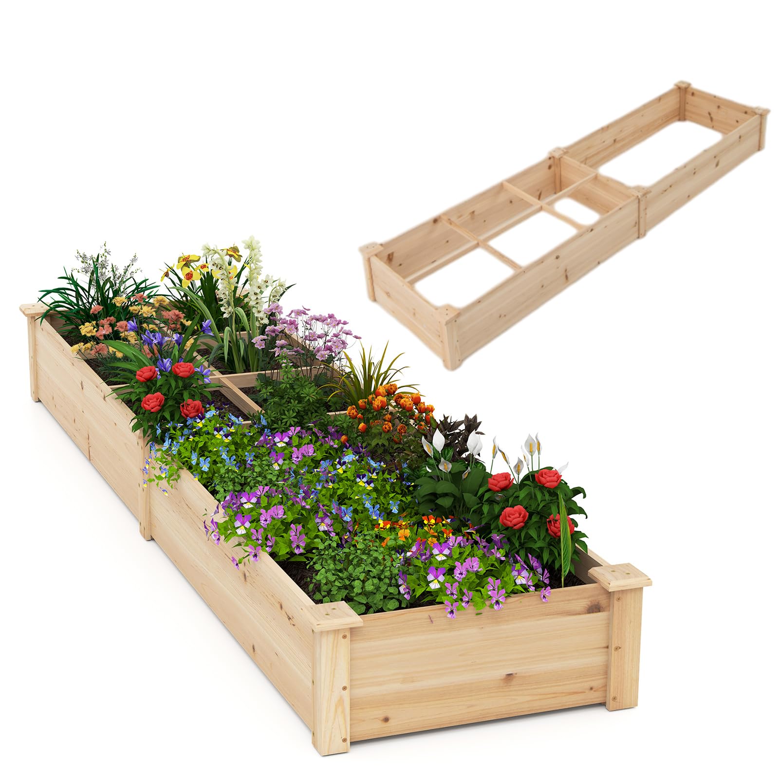 COSTWAY Huerto Urbano Exterior, 228x62x25 cm, Jardinería Elevada de Madera, Cama Elevada de Jardín con 2 Cajas de Cultivo y Divisores para Flores, Vegetales, Jardineras para Patio Césped (Natural)