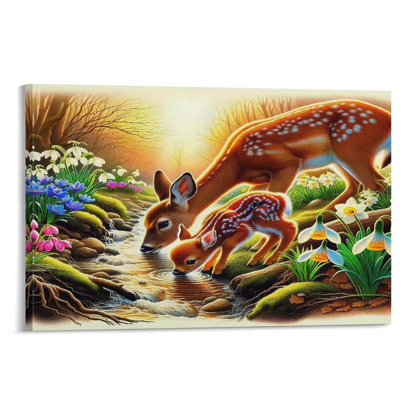 CPLVKWRQJ Starry Night Fawn Amid Flowers Single Two Spotted Deer Drink by Spring Flowers Canvas Print - Office Wall Focal Art Fade Resistant Statement Piece Ready to Hang 12x18inch(30x45cm)