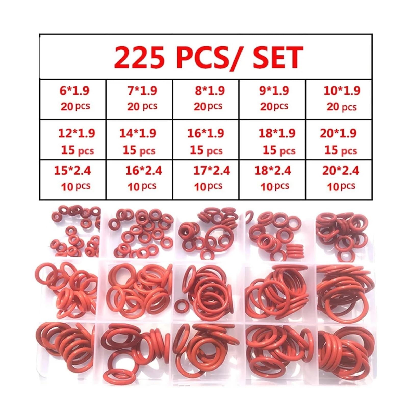 Juntas tóricas de silicona roja 250-100 piezas Juntas tóricas de silicona roja VMQ Juntas tóricas de sellado Arandela de silicona Juego de surtido de juntas tóricas de goma(Red225pcs mixed(1set)