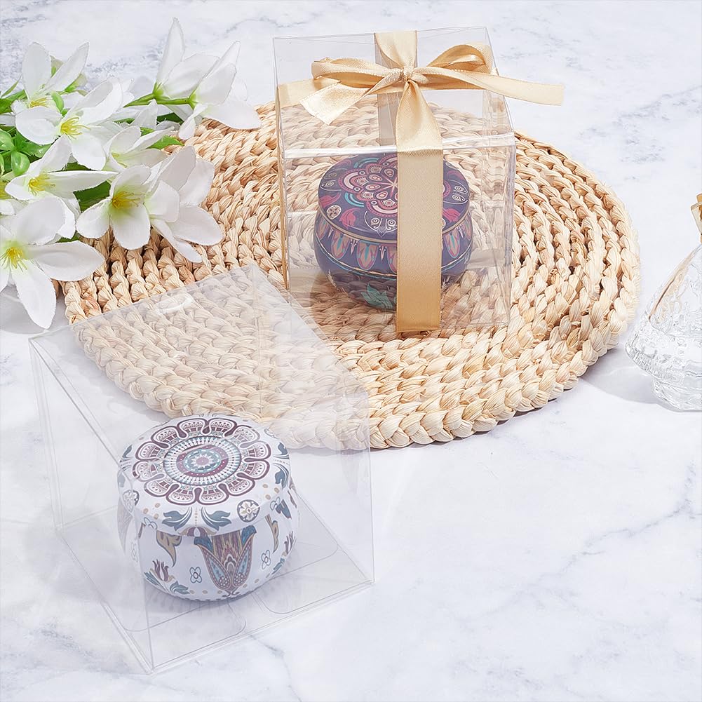 CRAFTYMELODY 40 scatole regalo trasparenti da 10 x 10 x 10 cm, per cupcake, in plastica, piccole scatole regalo con nastri, scatole per bomboniere, per compleanni, matrimoni, feste