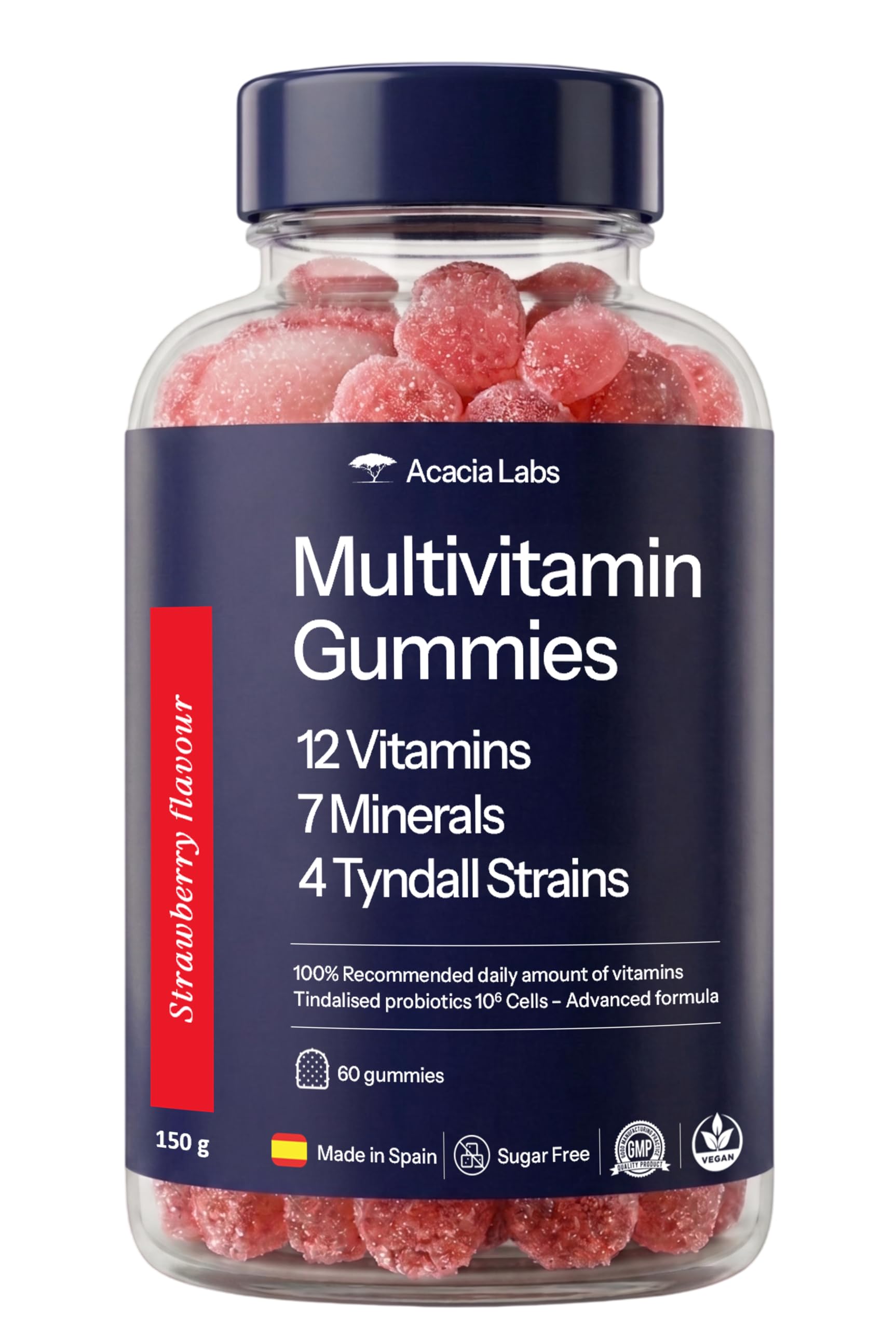 Multivitaminas Gominolas Adultos Sabor Fresa - 12 Vitaminas, 7 Minerales, 4 Probióticos Tindalizados - 60 Gummies - 100% Cantidad Diaria - La única con una fórmula tan completa
