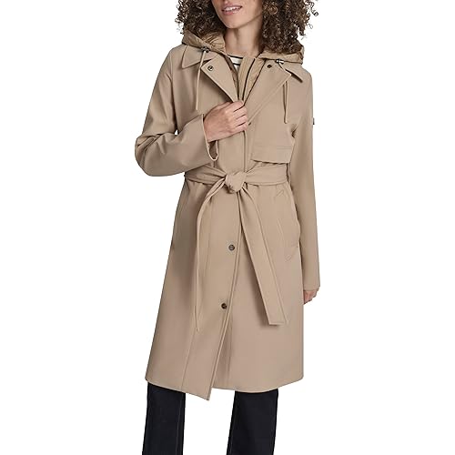 DKNY Women's Belted Trench Coat With Hood – Lightweight Water-resistant Long Jacket