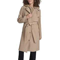 DKNY Womens Belted Trench Coat With Hood Lightweight Water-resistant Long Jacket