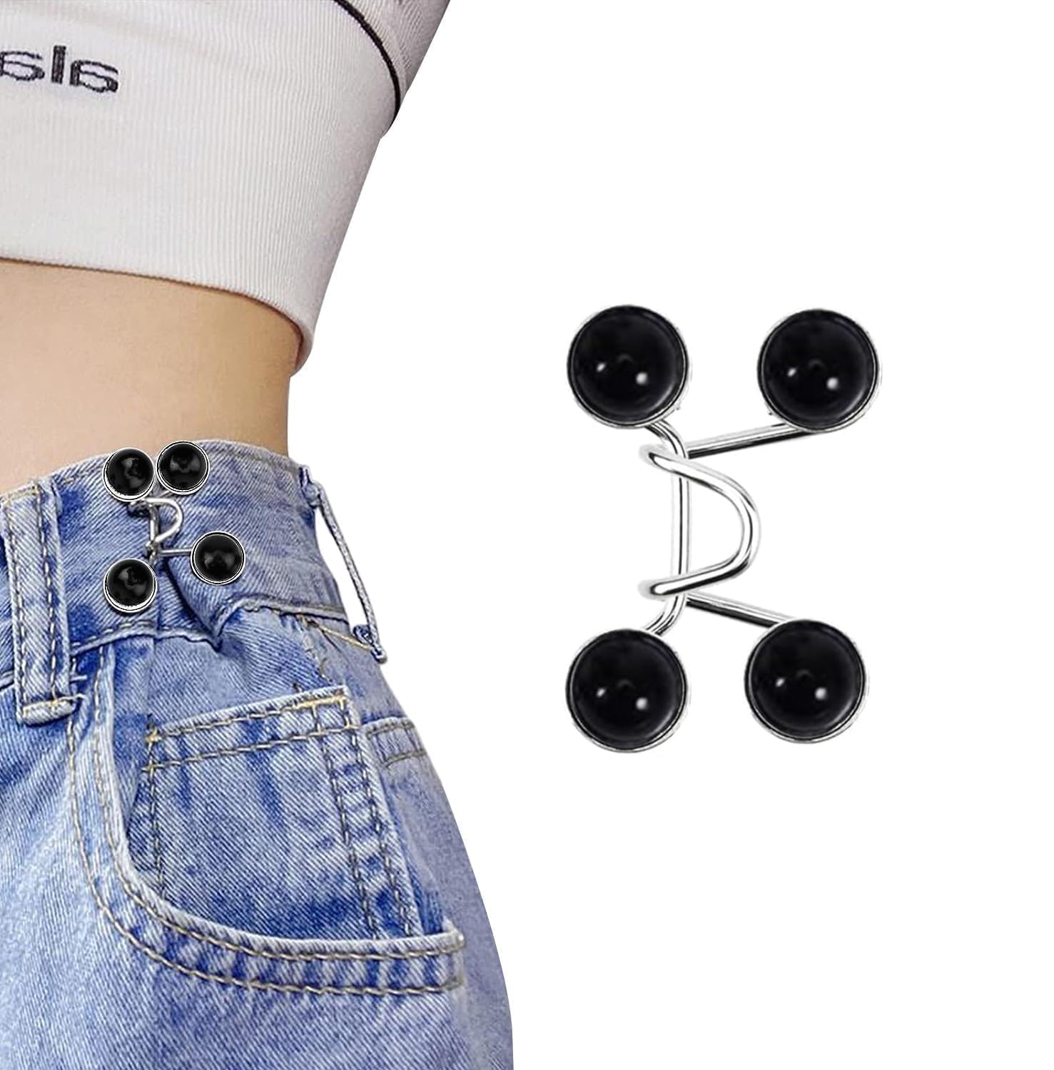 MR Sales Adjustable Button Pins for Jeans and Pants - Waist Buckle, No Sewing Required, Pearl Detachable Instant Pins (1, Black Round)