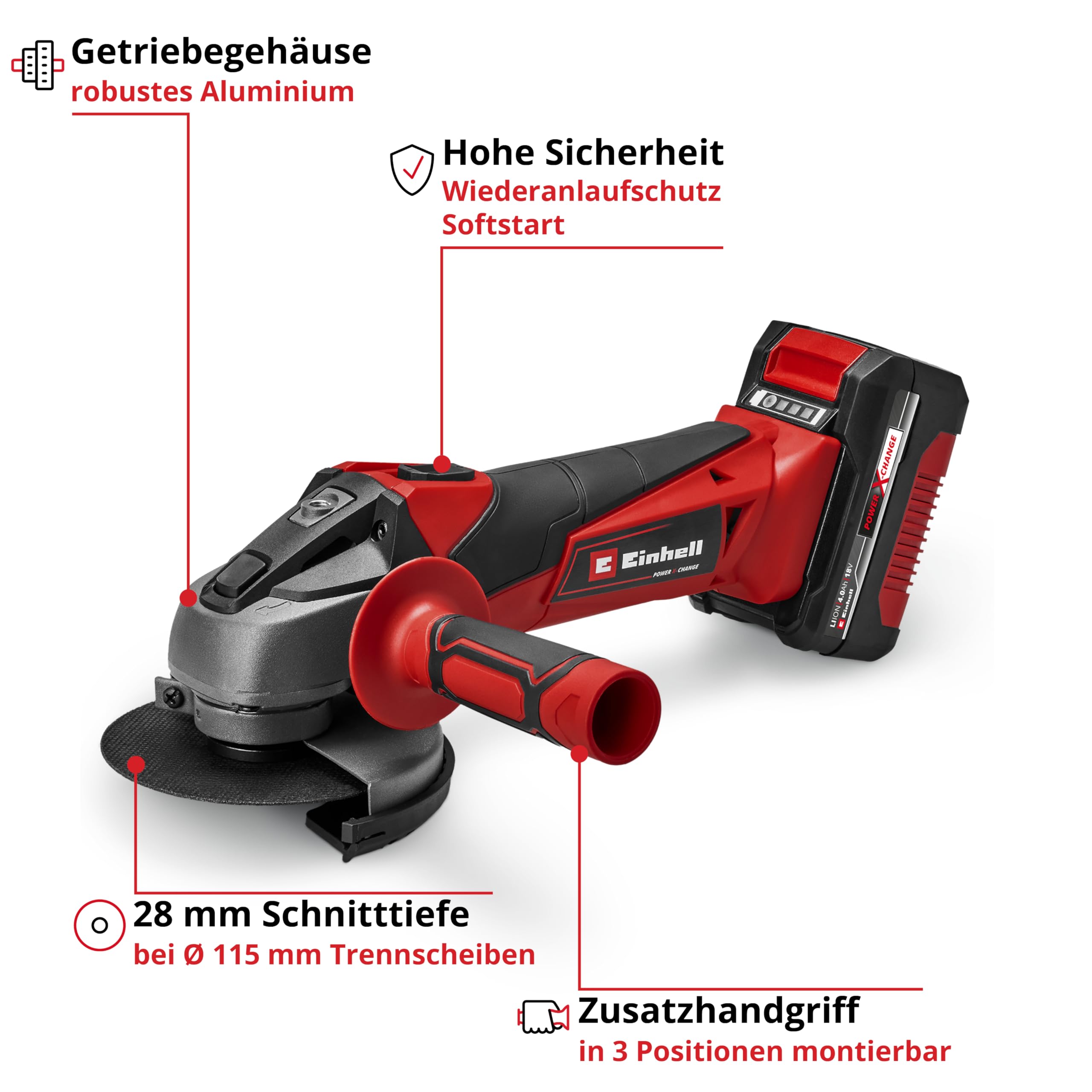 Einhell Akku-Winkelschleifer TC-AG 18/115 Li (1x4,0Ah) (18 V, 115 mm Scheiben-Ø, 28 mm Schnitttiefe, Softstart, Zusatzhandgriff, inkl. 1x 4,0 Ah Akku & Ladegerät)