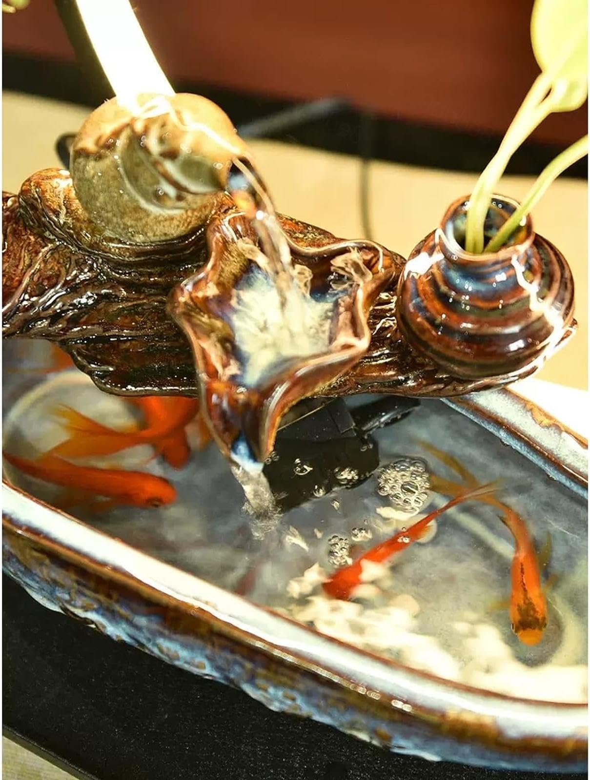 Tischbrunnen für drinnen, Wasserfall mit runder LED-Beleuchtung – Zen-Meditationsbrunnen mit Buddha-Motiv und künstlichen Pflanzen, Feng-Shui-Dekor für Glück und Wohlstand