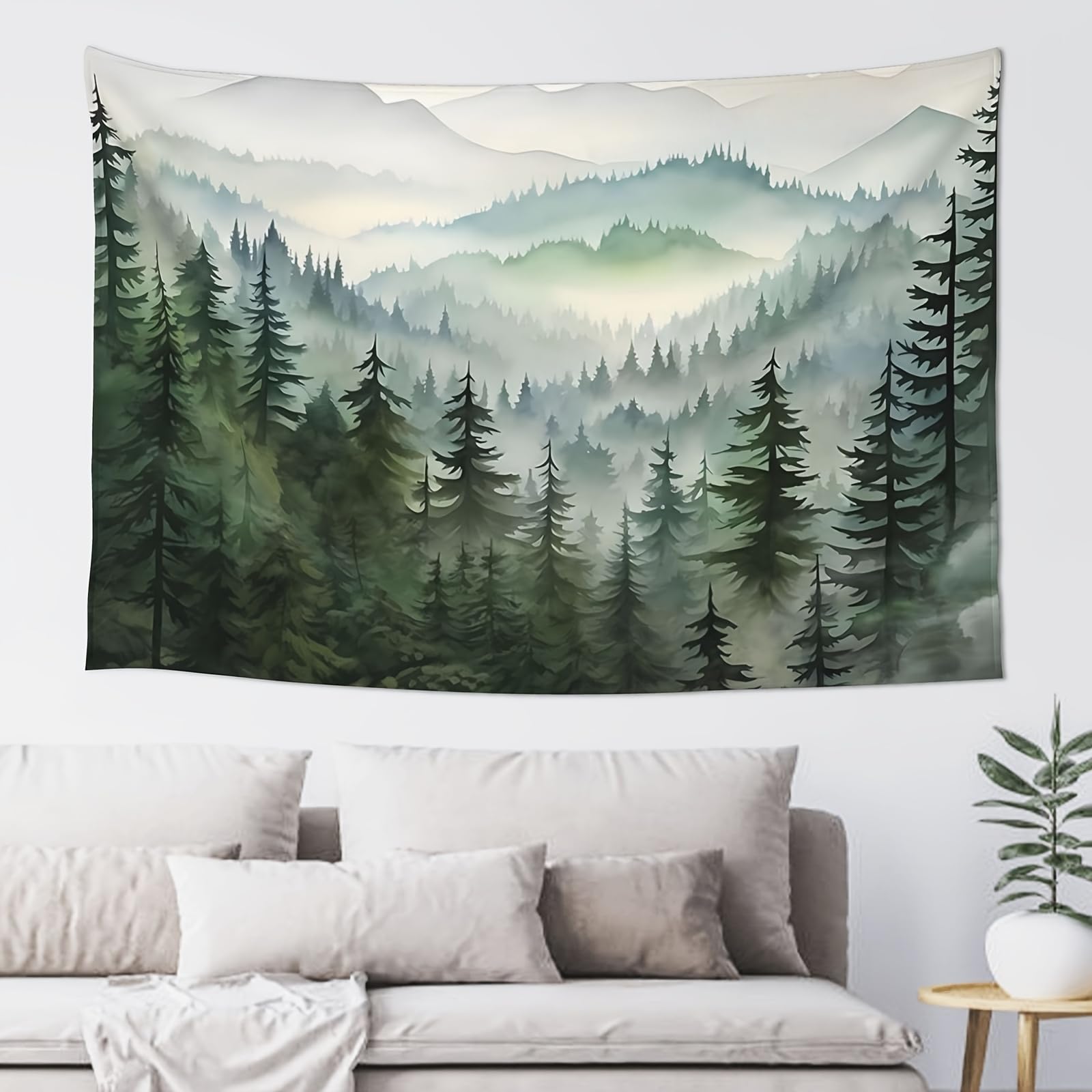 Hulnulnu Coloured Drawing Misty Forest Tapestry, Foggy Tree Wall Hanging Tapestries, Large Tapestry Nature Pine Woodland Wall Art for Bedroom Living Room