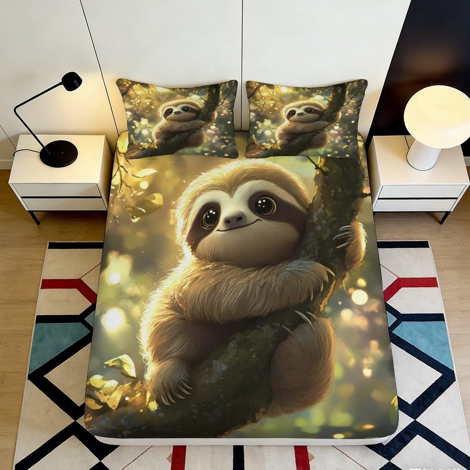 3D Printed Cute Sloth Fitted Sheet Microfiber Soft Anti-Slip Animal Forest Mattress Cover for Bedroom Guest Room 160x200x25cm