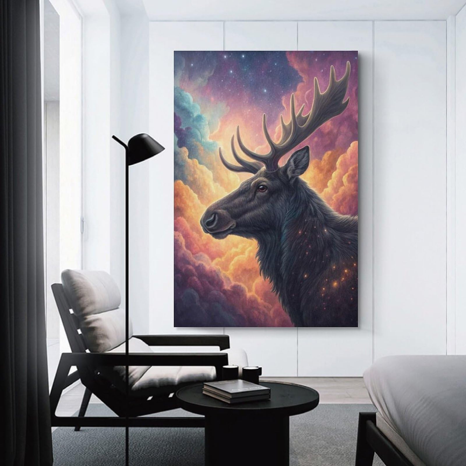 Junmoney Cosmic Moose in Nebula Hanging Wall Art, 20x30inch(50x75cm), for Bedroom, Guest Room Or Reading Nook, Home Artwork with A Soft Interior Feel