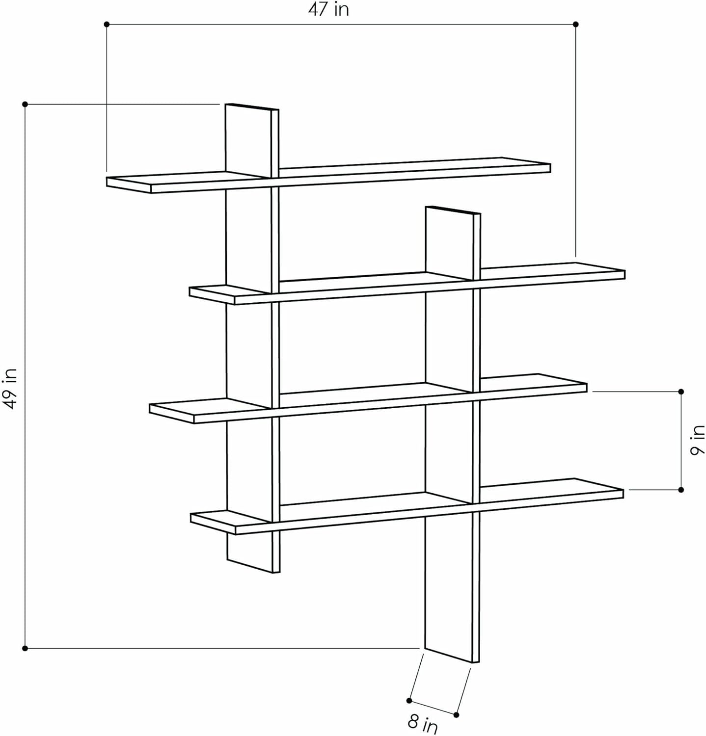 Technical diagram of the Decortie Line No:1 Modern Wall Shelf with dimensions in inches.