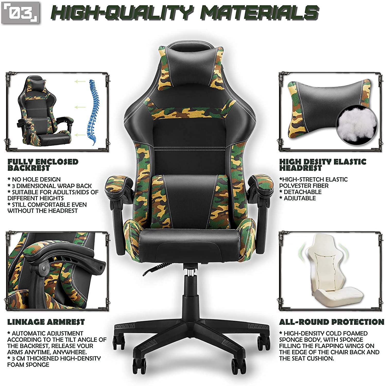 Huracan Gaming Chair Camo Game Chairs Kids PC Video Camouflage Office Computer Chair Tall Back with Carbon Fiber Leather Adjustable Armrest Headrest and Lumbar Support for Adults/Boys/Ages 8-12/Teens