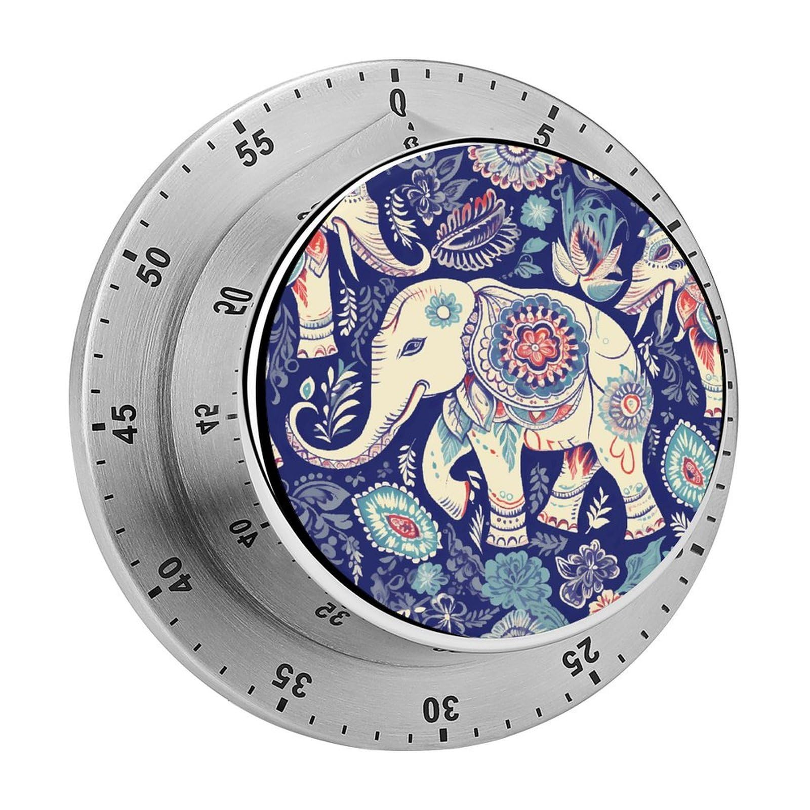 Boho Elephant Timer Exquisite Stainless Steel Body Mechanical Desk Timers 60 Minutes Visual Countdown Timers with Magnetic Backing Loud Alarm Kitchen Timer for Cooking