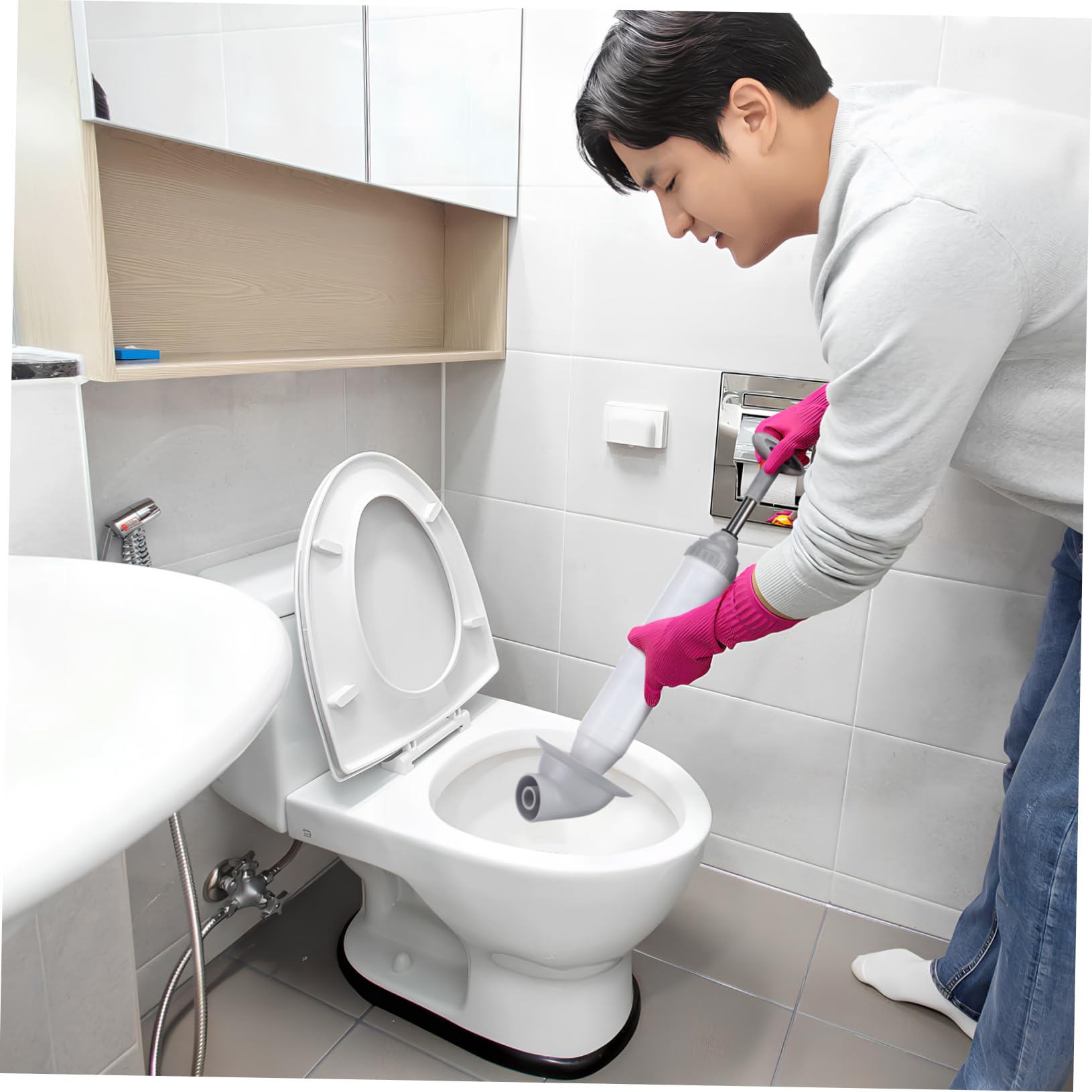 Sturalavandino a Vuoto ad Alta Pressione per WC e Scarichi | Acciaio Inox e Pp, Testina Curva, Uso Semplice, Bianco, per Bagno e Cucina