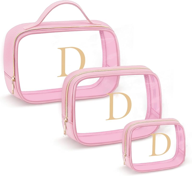 YOOLIFE Necessaire de viagem transparente com inicial, rosa D, pacote com 3