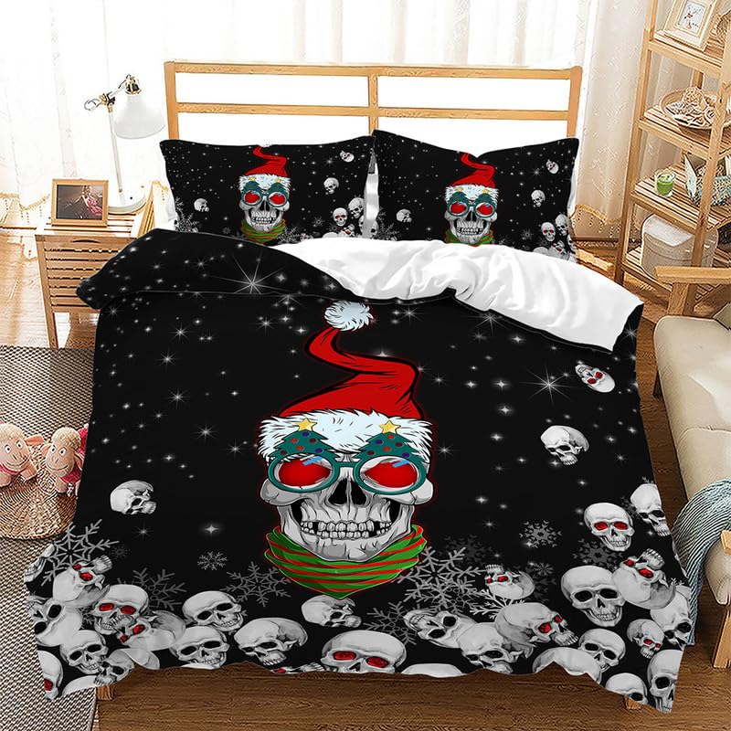 Housse de couette crâne noir 90x190 avec taie 65x65 en microfibre pour lit enfant