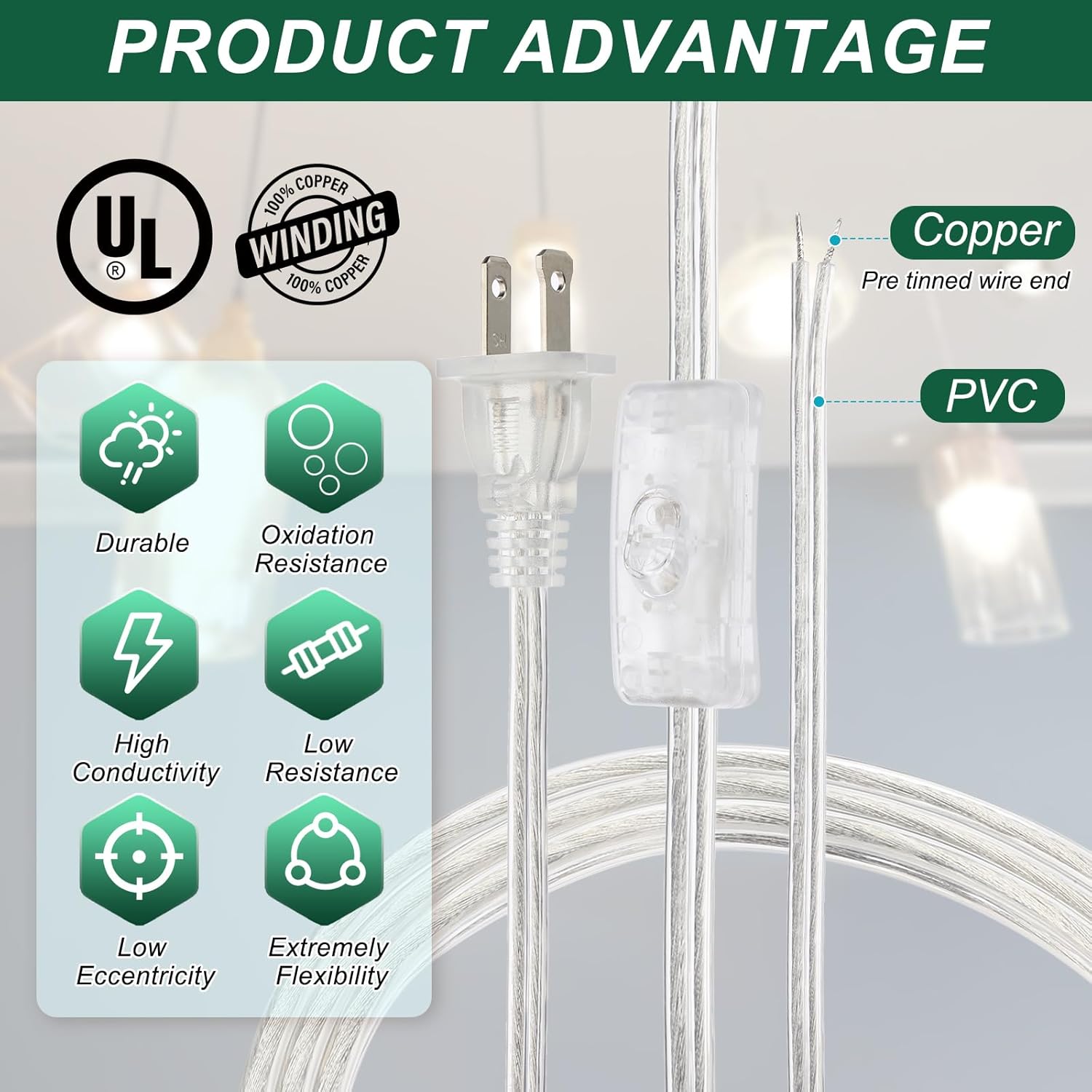 Generic 12 Feet 18AWG Lamp Cord with Plug, SPT-2 UL List Lamp Power Cord Stripped Ends Ready for Wiring Lamp Wire with Wire Connectors for Light Replacement DIY, Clear