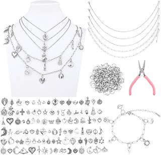 Landical 207 Pcs Jewelry Making Kit DIY Set Bangle Charm Bracelet Making Kit with 100 Charms, 100 Links, 1 Jewelry Pliers, 1 Bracelet, and 5 Necklaces for Women Beginner Arts and Craft Gift Activity