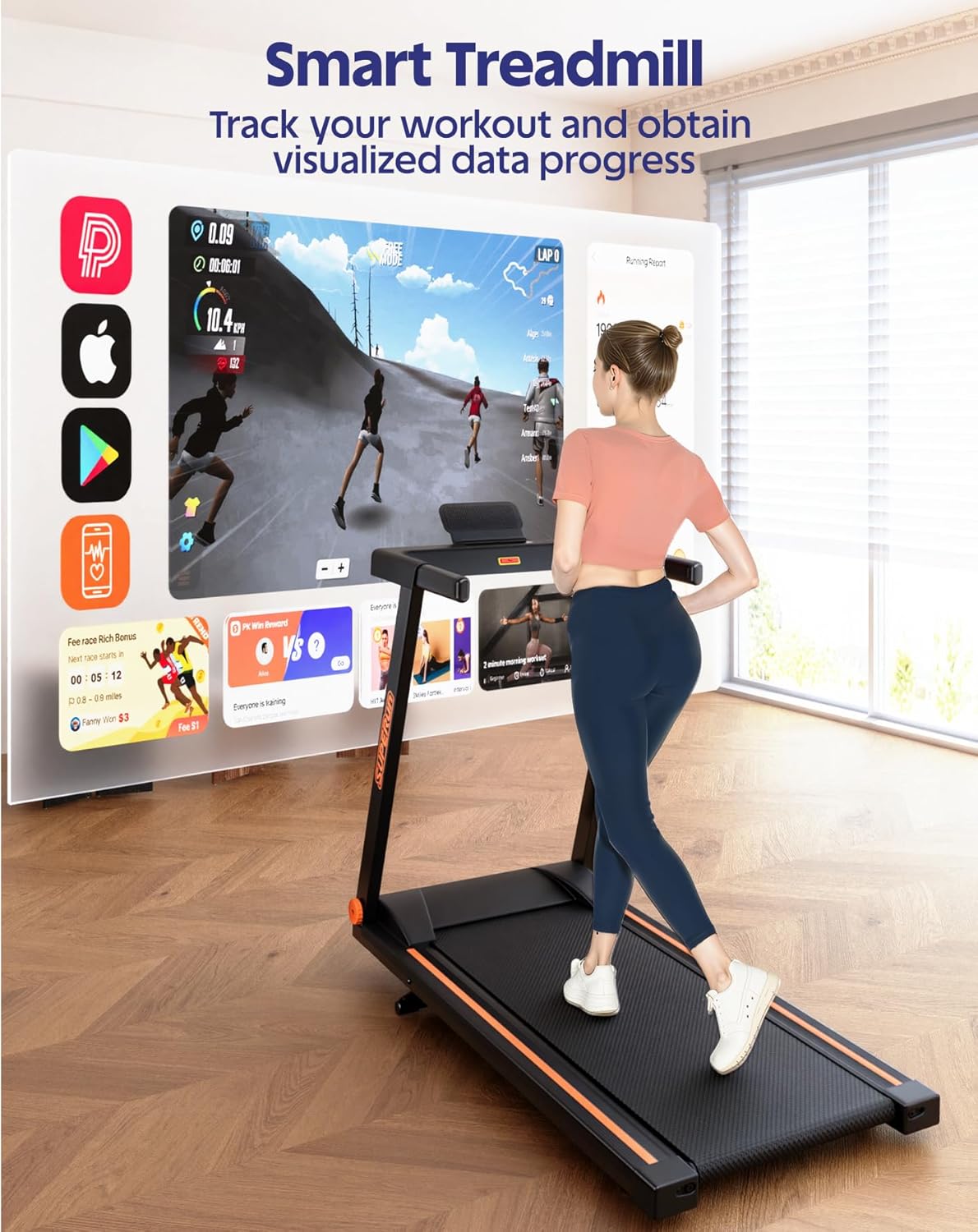 Superun Treadmills for Home, 4-in-1 Foldable Treadmill with Incline, 300 LBS Capacity Running Treadmills for Home Small Spaces with Handles, 3.0 HP Folding Treadmill with Smart APP
