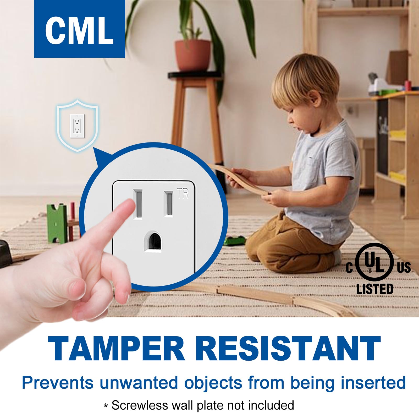 CML - Paquete de 100 enchufes eléctricos de pared decorativos de 15 amperios, toma de receptáculo, seguro para niños, resistente a manipulaciones (TR), 15 A/125 V, certificación UL