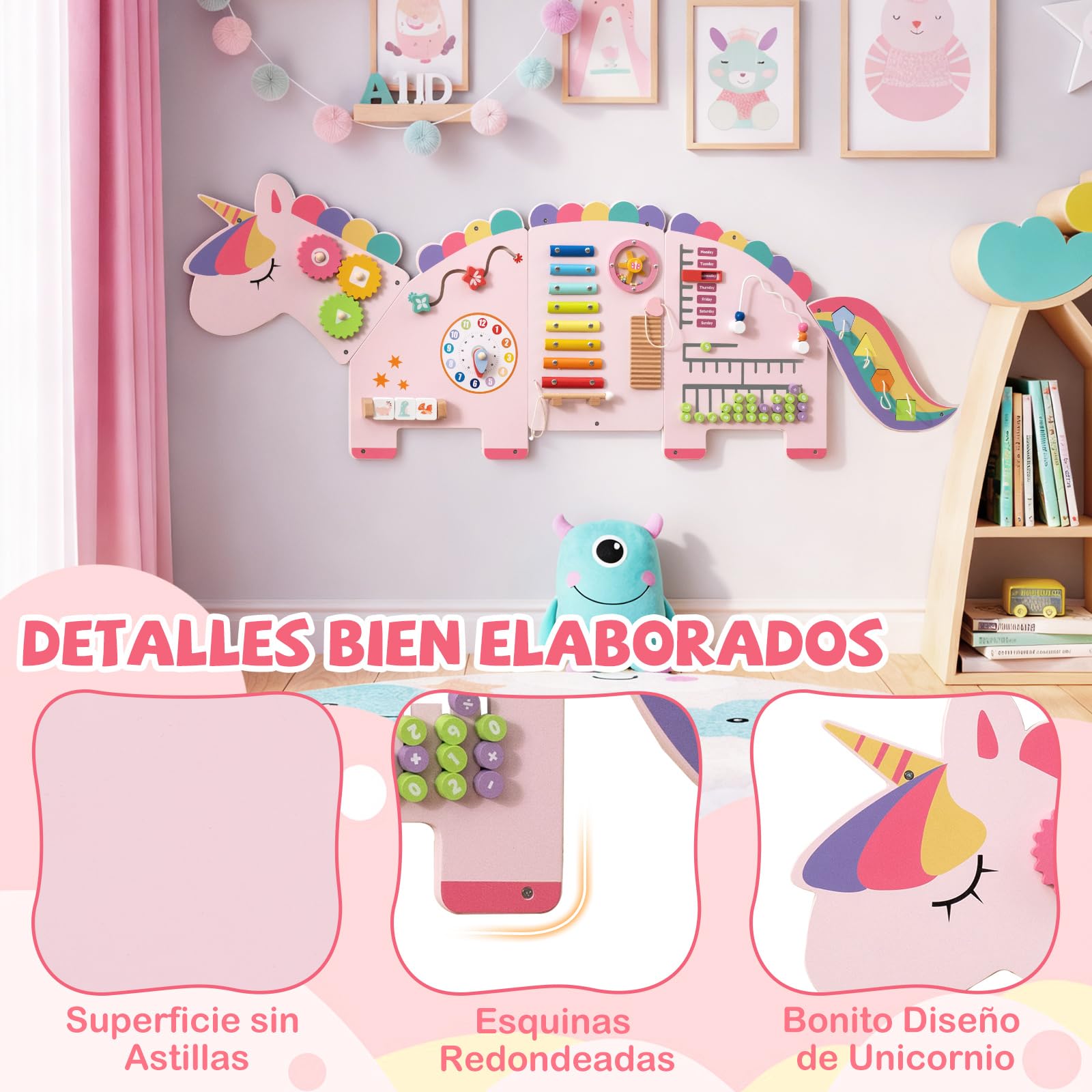COSTWAY Panel de Actividades de Pared para Niños Unicornio, 11 en 1 Tablero Sensorial Montessori de Madera para Educación y Desarrollo Temprano, Centro de Actividades para Sala de Juegos Guardería